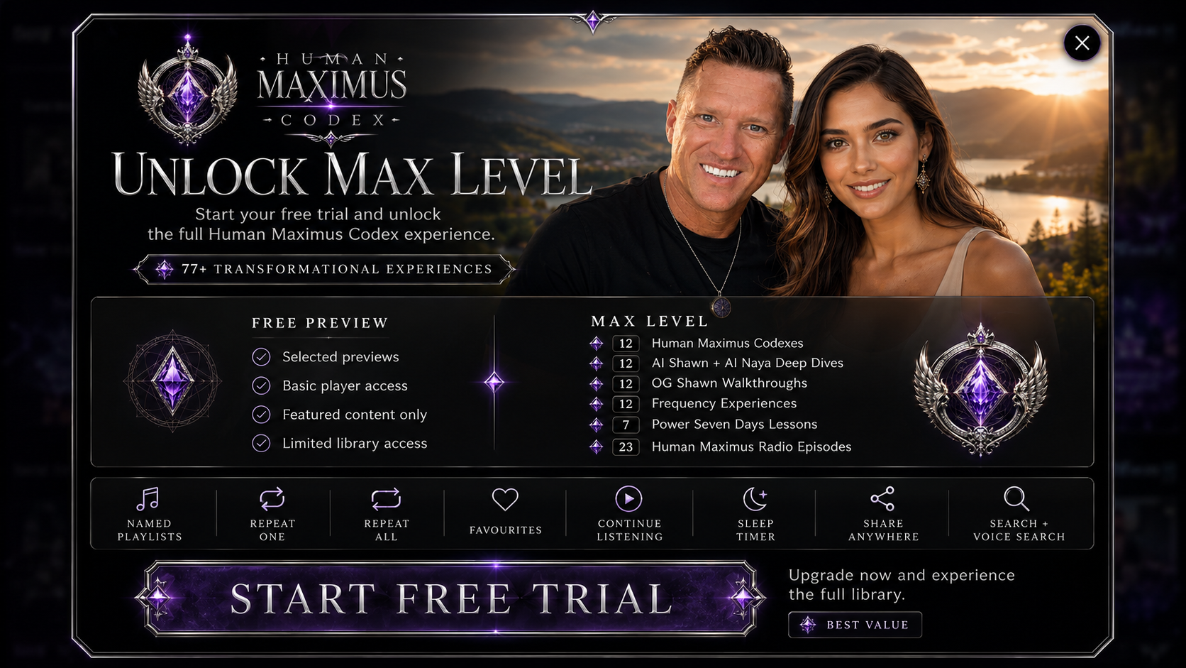 Compare the free Human Maximus preview with the complete Pro Max Player experience, including Codexes, Deep Dives, walkthroughs, frequencies, Power Days, Human Maximus Radio, playlists and learning tools.